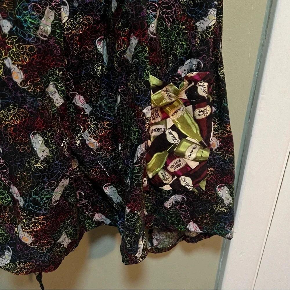 Handmade Apron Black Neon Cat Print Wine Bottle Details Pocket Tie Back